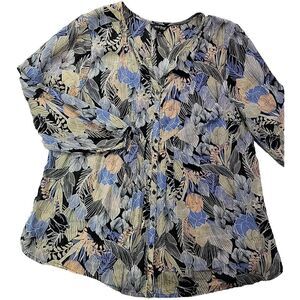 Lucky Brand Women Plus 1X Floral Gauze Blouse V-Neck Semi-Sheer Lightweight LS